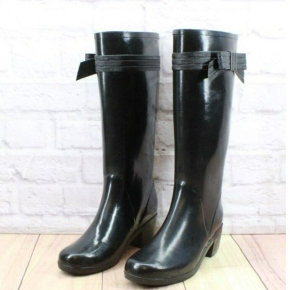 Kate Spade Black Glossy Rubber Pull On Knee High Rain Boots Size 9 - Picture 2 of 10